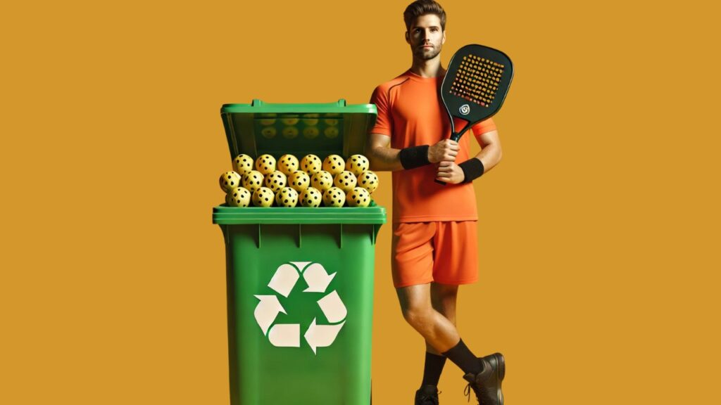 Pickleball player holding a paddle next to a recycling bin filled with pickleballs