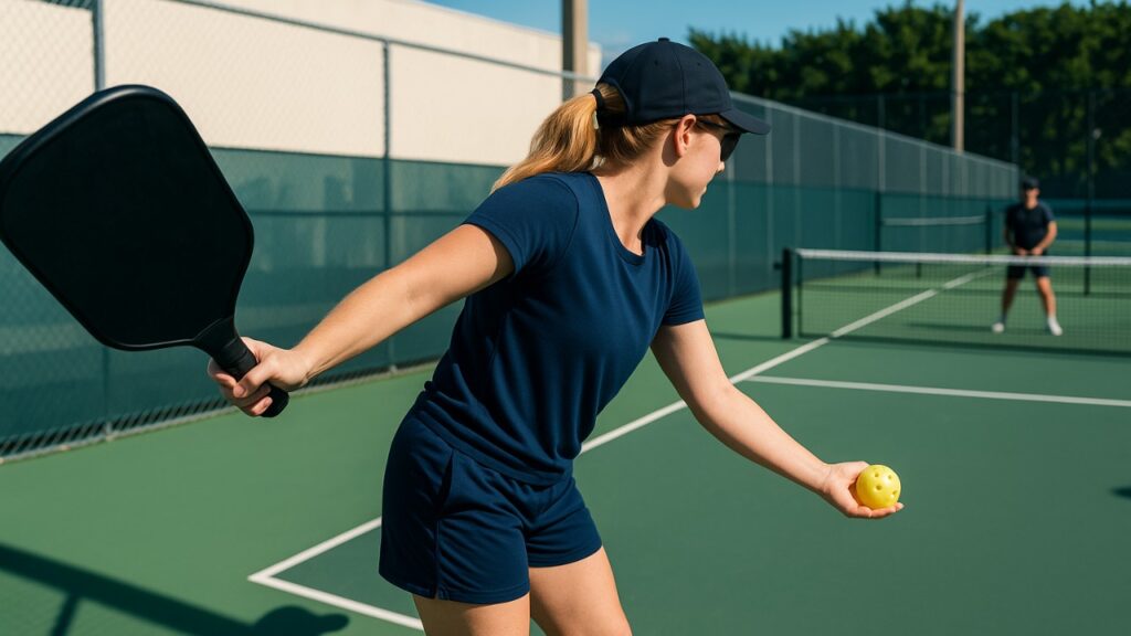  Woman player performing an underhand pickleball serve 