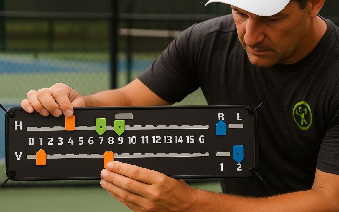 Man adjusting pickleball scoreboard on court
