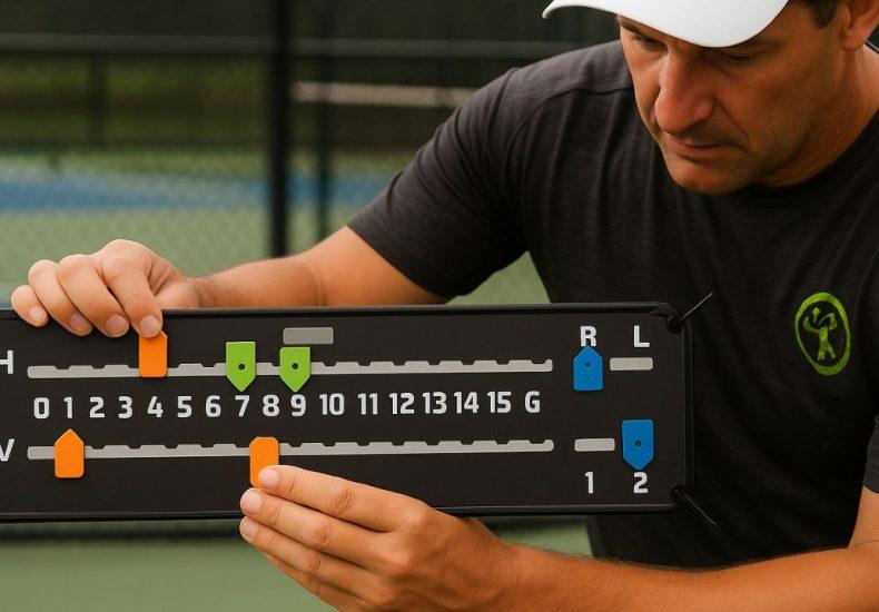 Man adjusting pickleball scoreboard on court