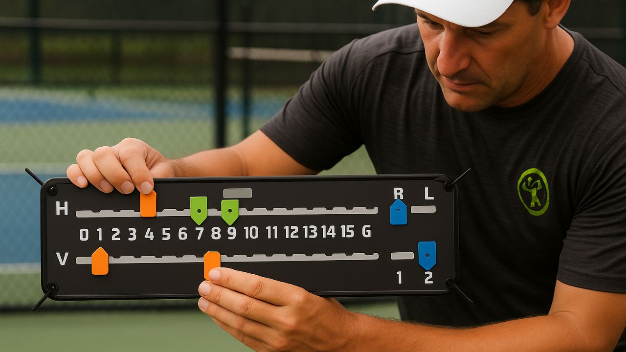 Man adjusting pickleball scoreboard on court