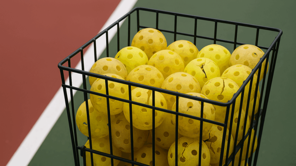 Basket filled with cracked yellow pickleballs collected for recycling