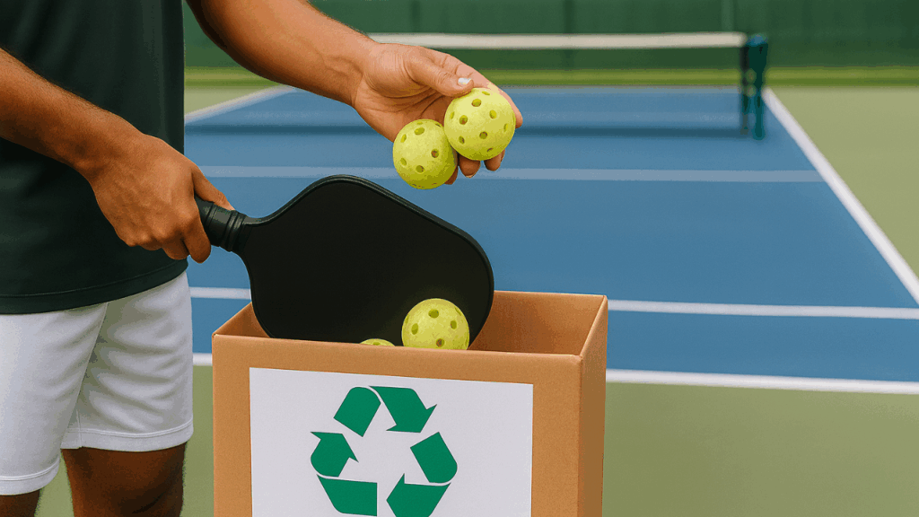 Player putting used pickleball equipment in a bin on the court for recycling.