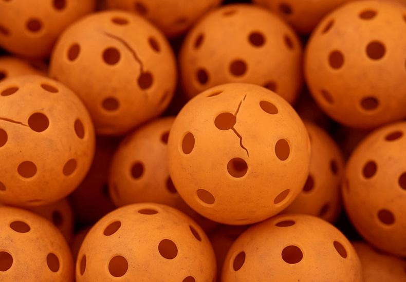 Close-up of cracked pickleballs collected for recycling