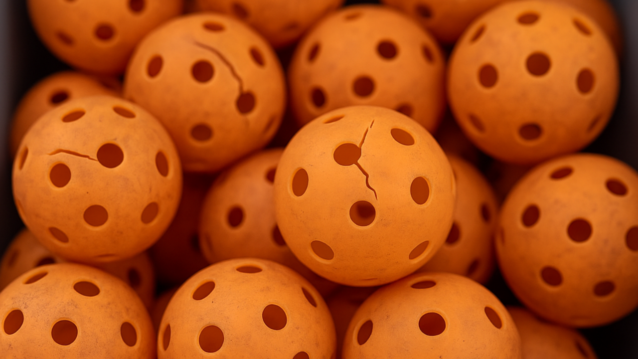 Close-up of cracked pickleballs collected for recycling