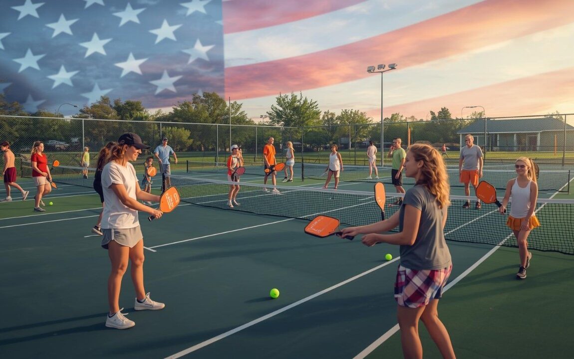 Players enjoying pickleball on outdoor courts under U.S. flag sky