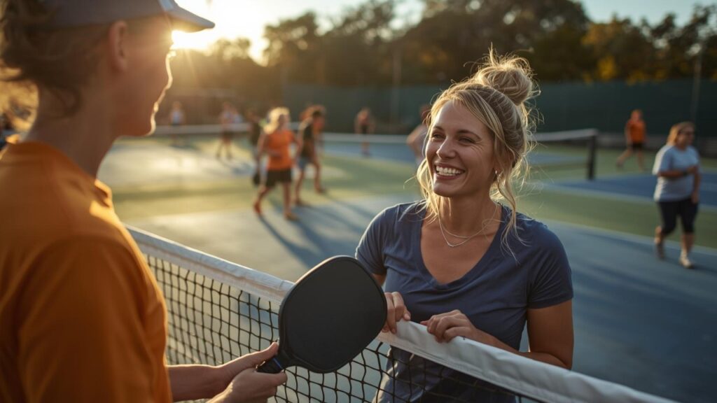Players smiling and talking at the pickleball net.