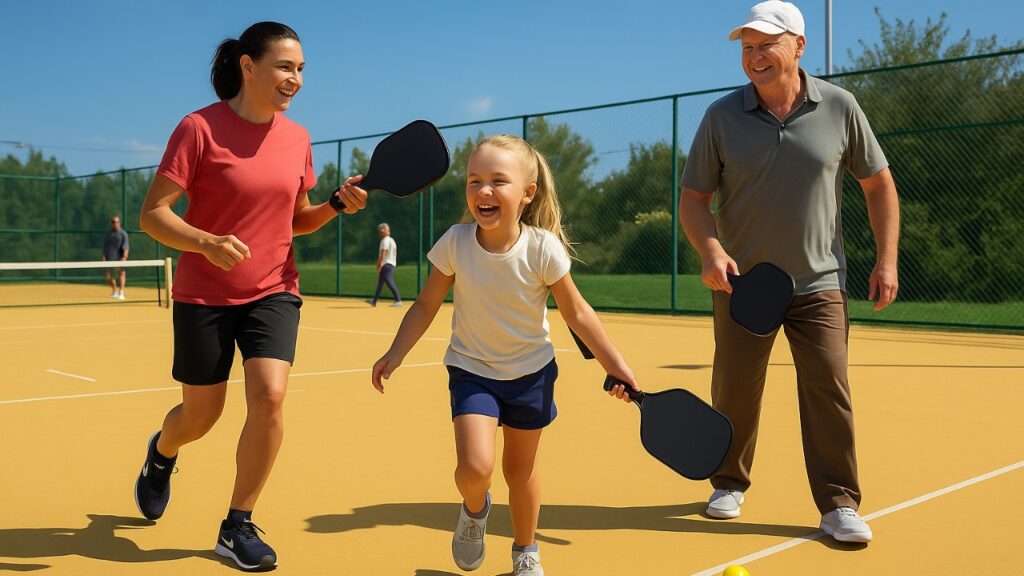 Family playing pickleball together outdoors.