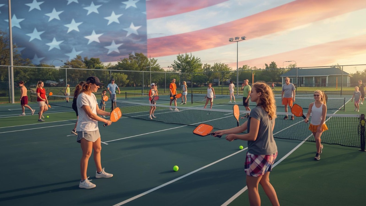 Players enjoying pickleball on outdoor courts under U.S. flag sky