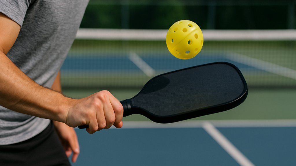 Close-up of a pickleball paddle brushing upward to create topspin on a yellow ball.