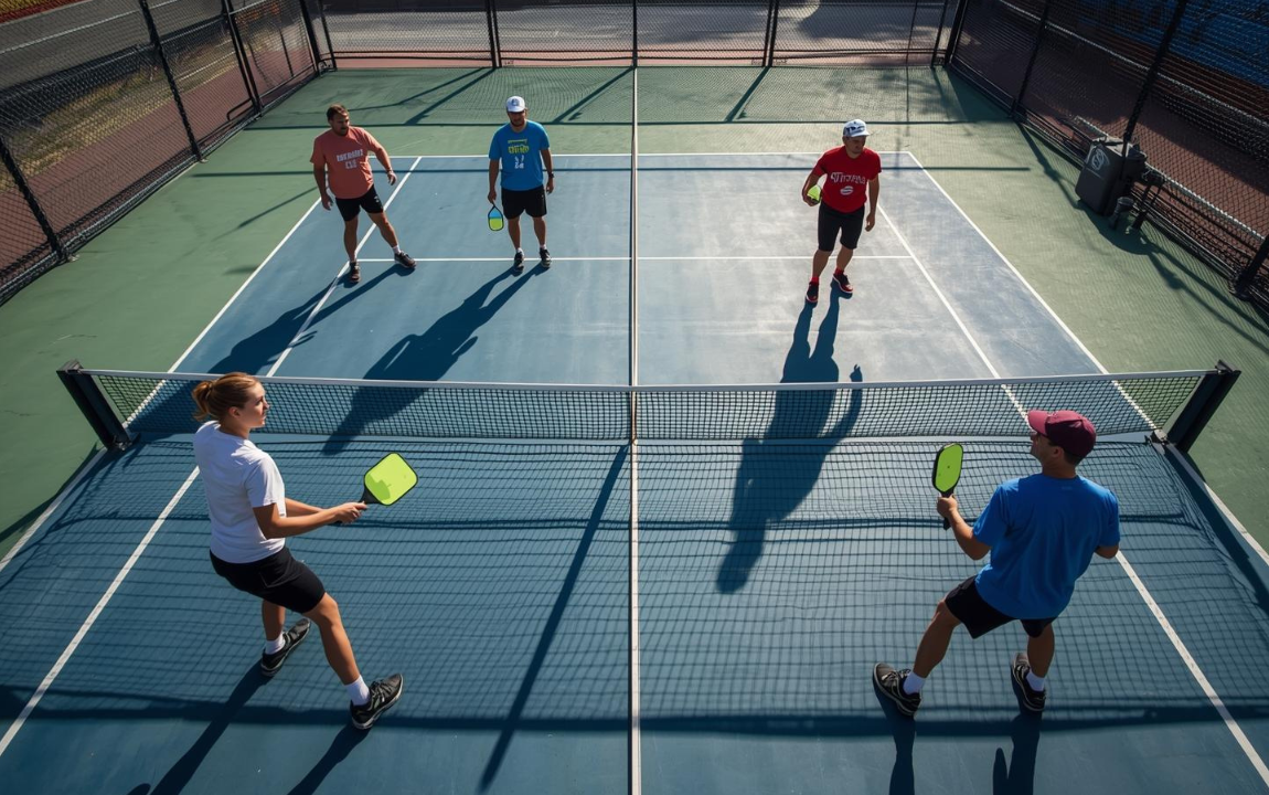 Four players at the kitchen line during a competitive pickleball doubles match