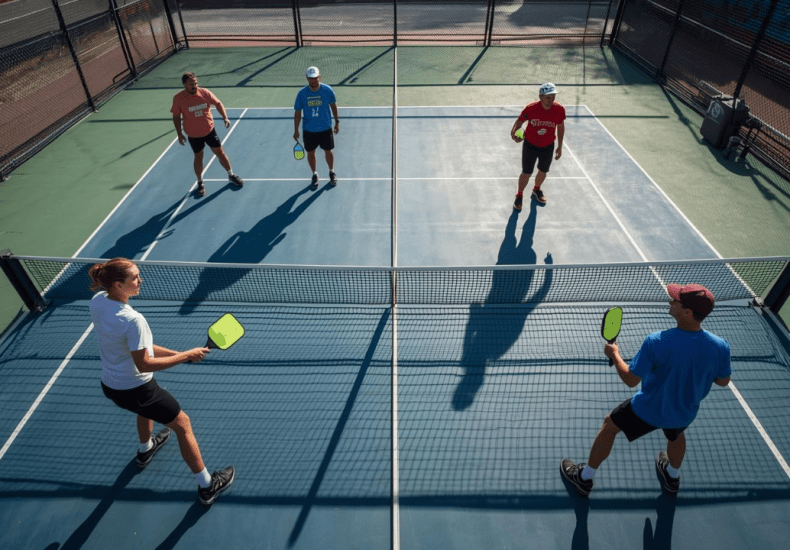 Four players at the kitchen line during a competitive pickleball doubles match