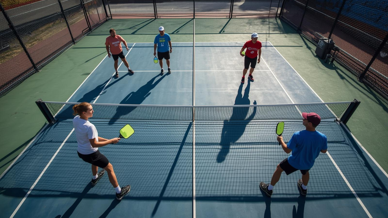 Four players at the kitchen line during a competitive pickleball doubles match