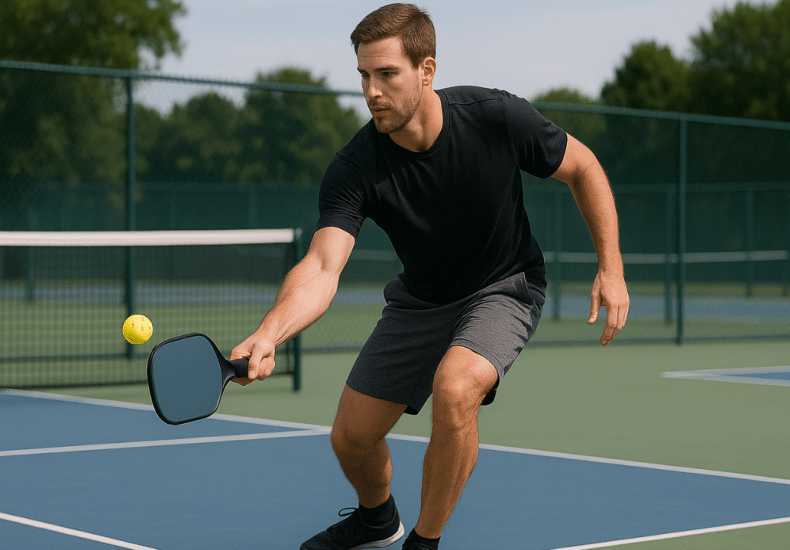 Player hitting a third shot drop