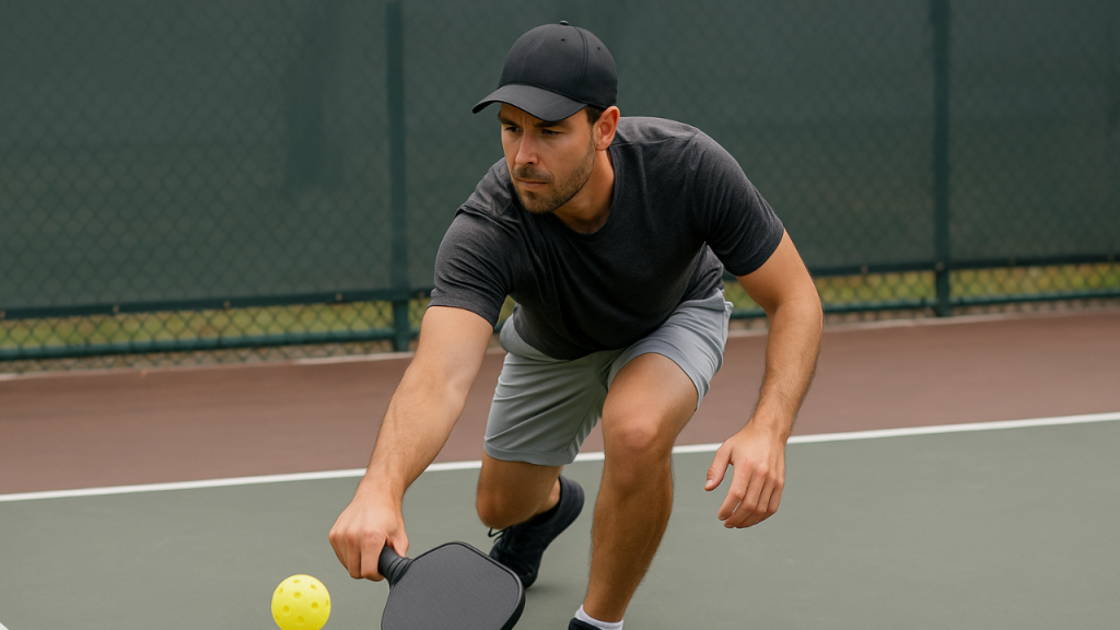 Player scooping a low shovel drop near the shoelaces