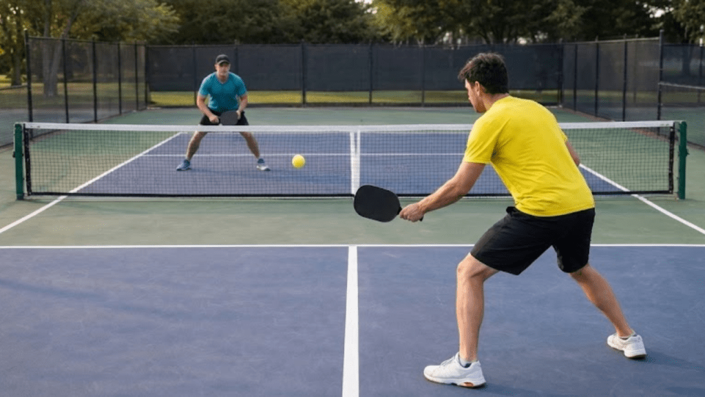 Pickleball doubles rally showing controlled footwork and balanced positioning.