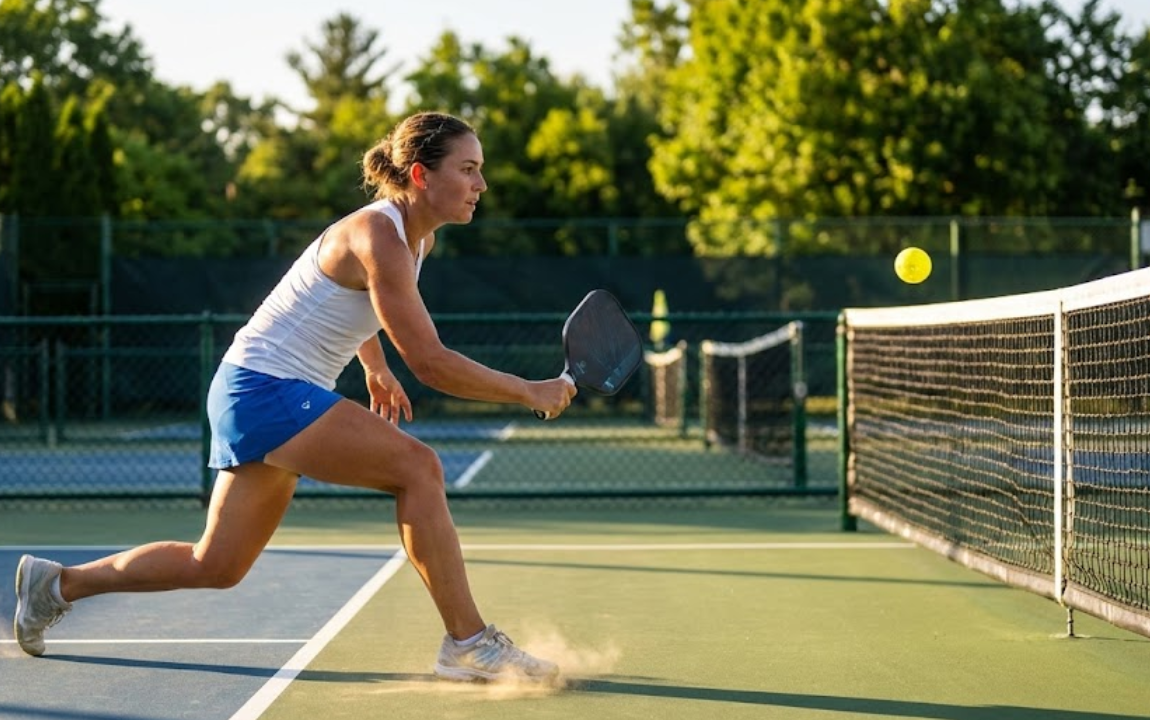 Pickleball player lunging forward to reach a low ball near the net.