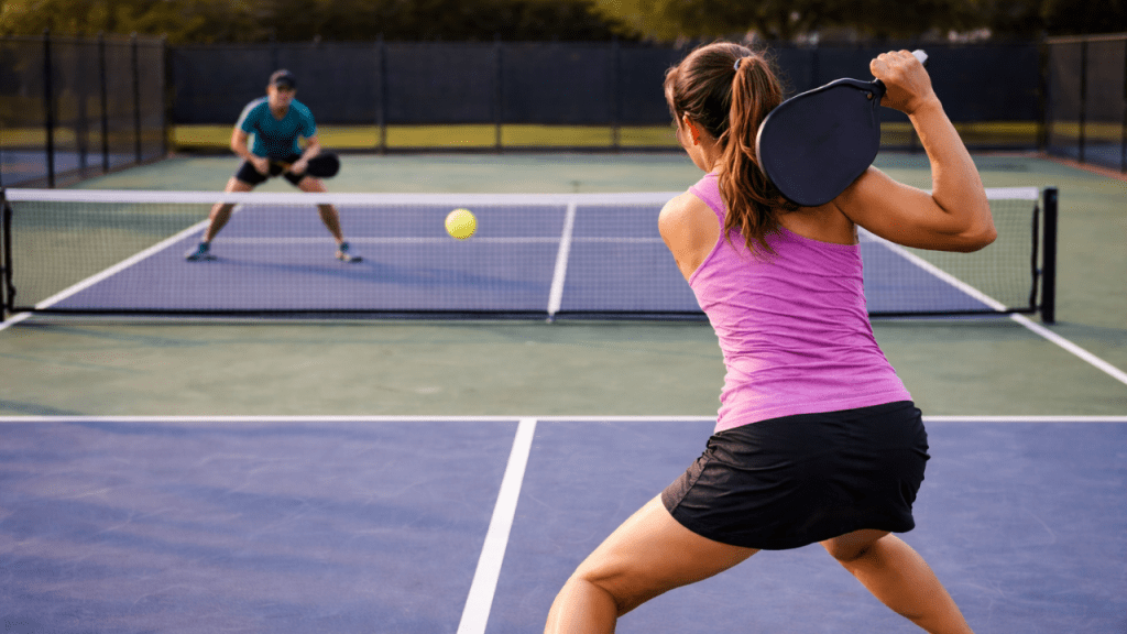 Pickleball player taking an oversized backswing at the kitchen line