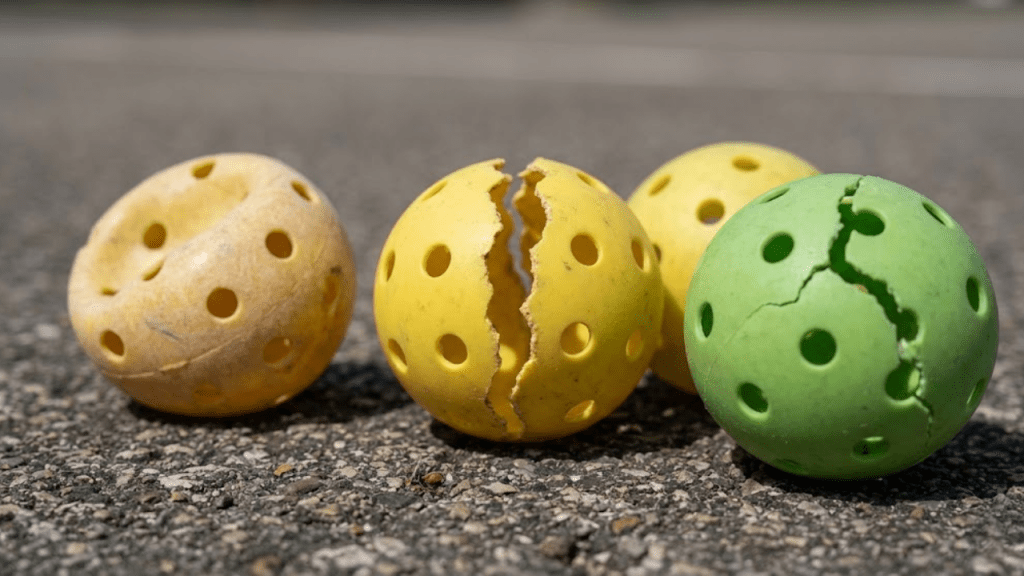 Close-up of three cracked and split pickleballs resting on asphalt