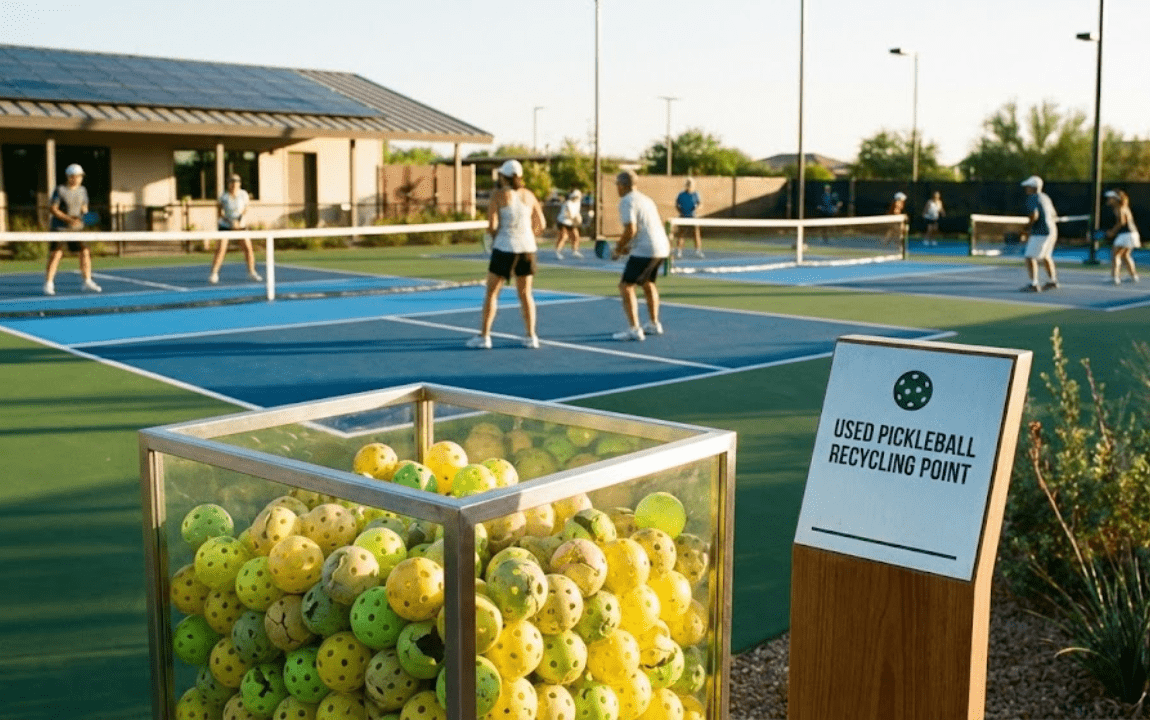 A clear collection bin filled with used pickleballs at a sunny outdoor court.