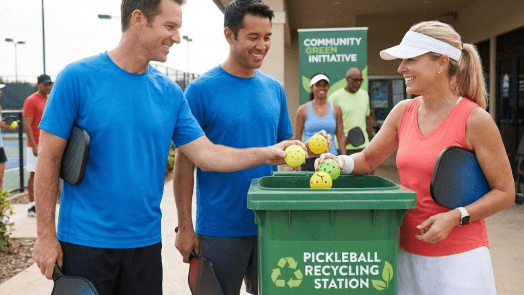 Smiling players depositing used balls into a green "Pickleball Recycling Station" bin