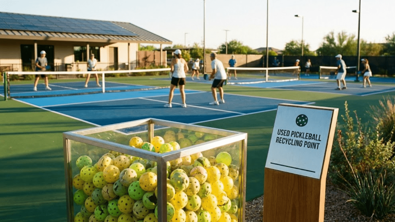 A clear collection bin filled with used pickleballs at a sunny outdoor court.