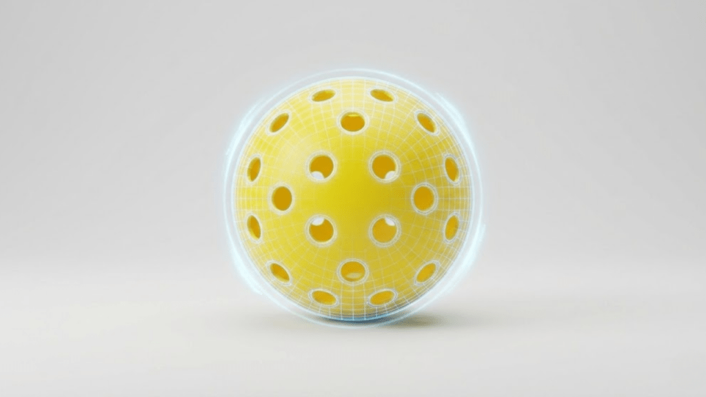 Yellow pickleball with digital wireframe overlay