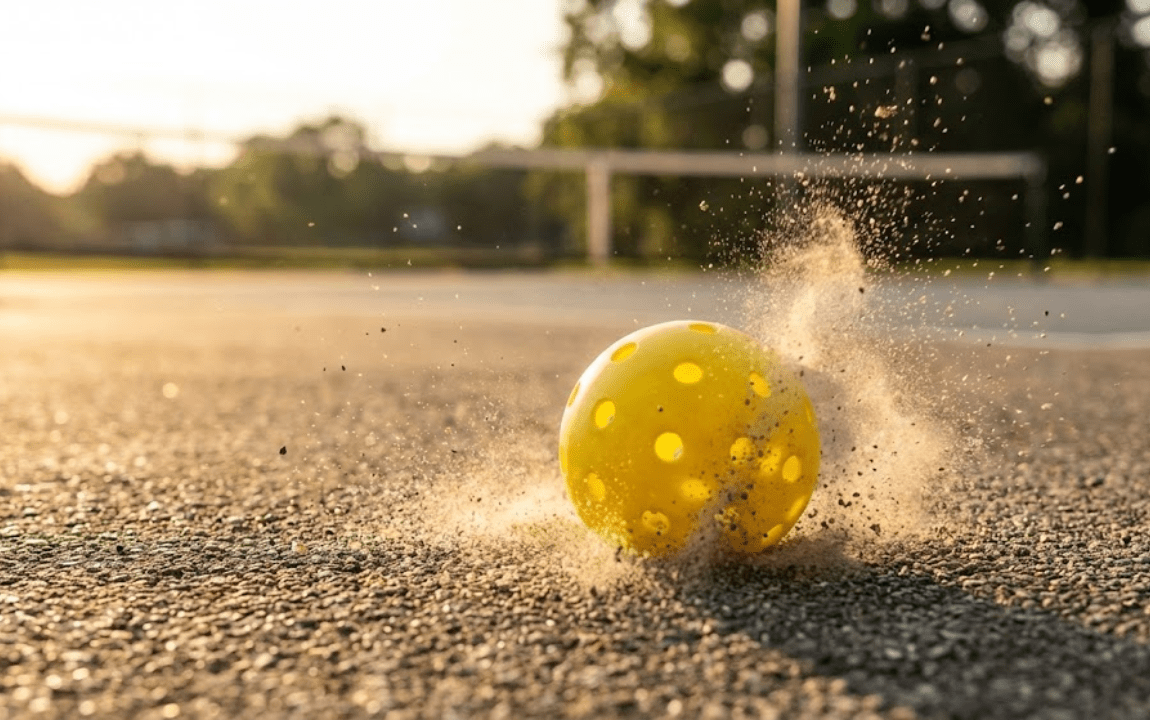 Yellow pickleball impacting dusty court surface