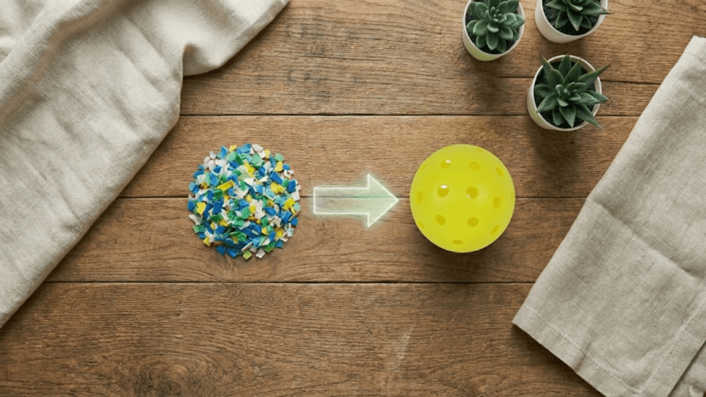 Recycled plastic flakes converting to EV-11 pickleball