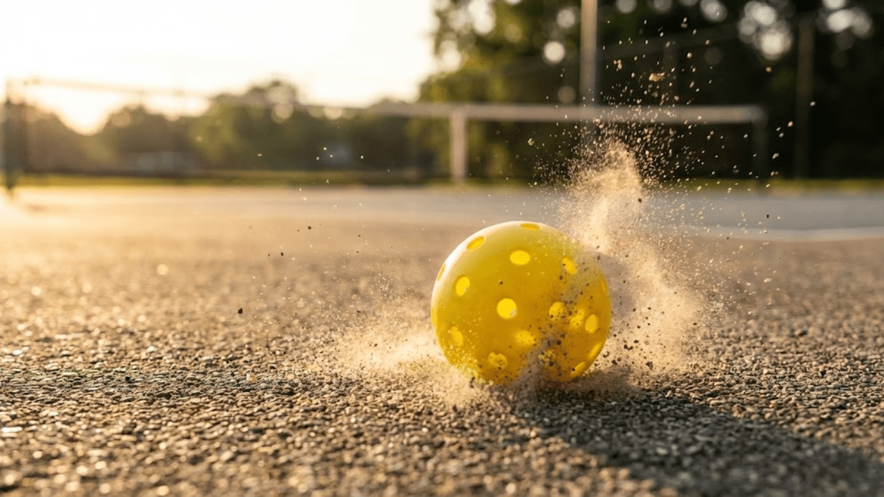 Yellow pickleball impacting dusty court surface