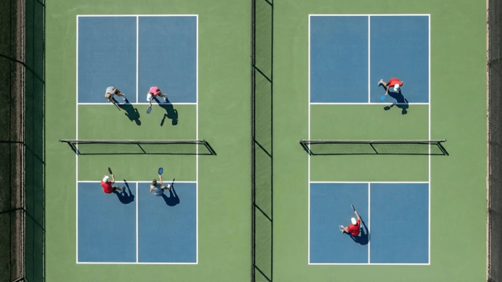 Aerial photograph of two courts showing simultaneous doubles and singles pickleball matches
