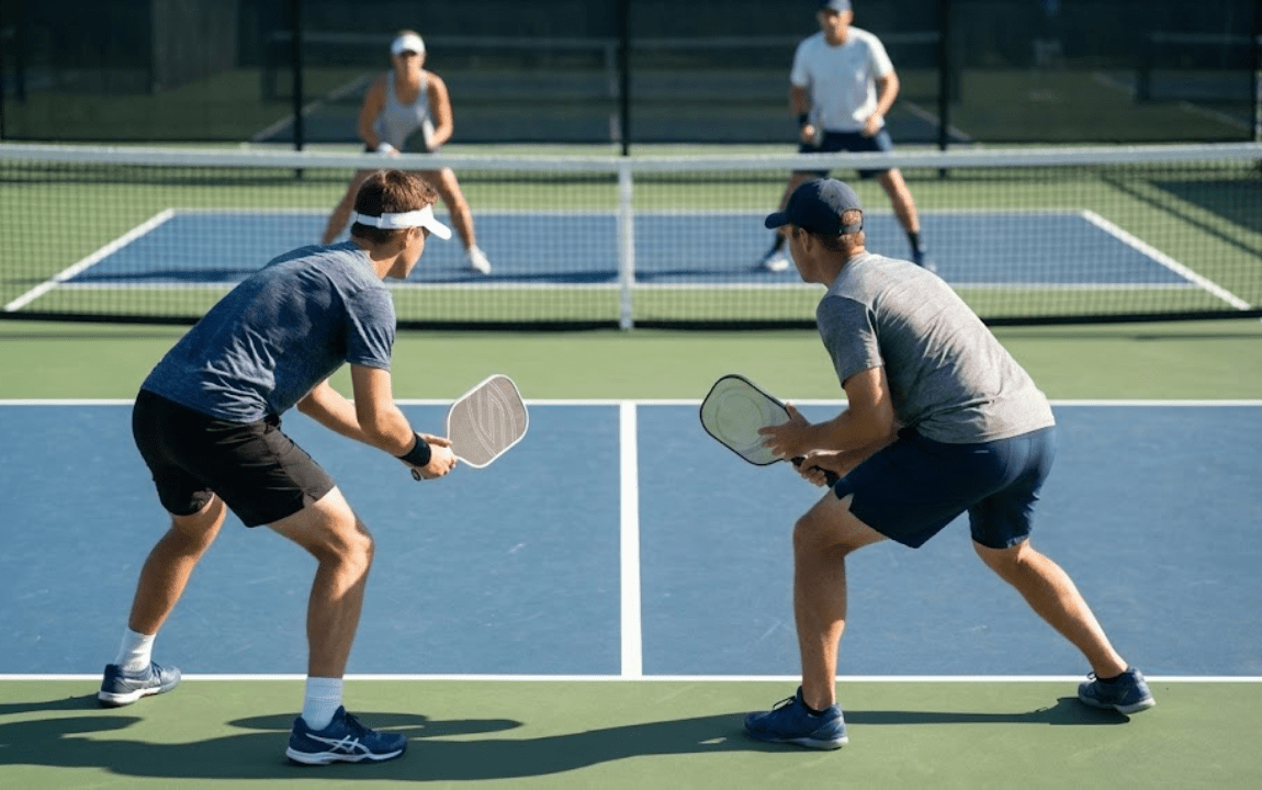 Action photograph of two doubles teams playing a pickleball match at an outdoor court