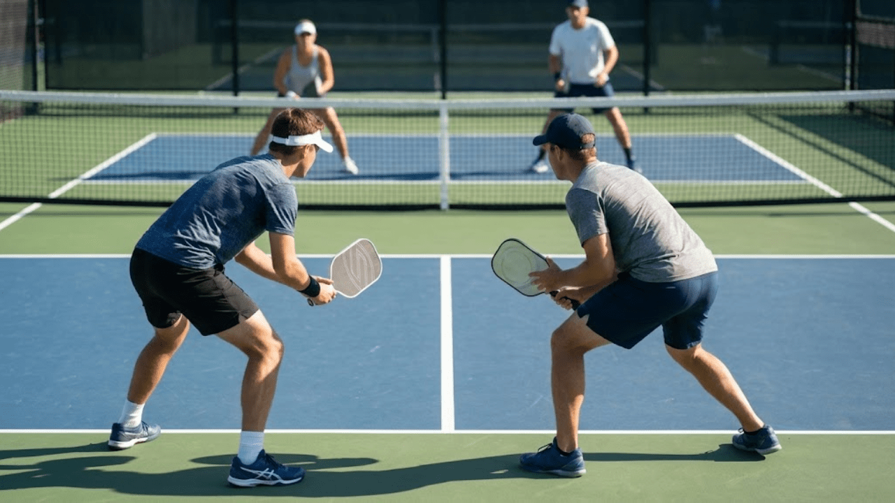 Action photograph of two doubles teams playing a pickleball match at an outdoor court