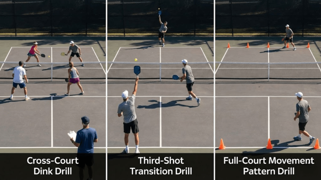 Three-panel graphic demonstrating pickleball cross-court, transition, and movement drills