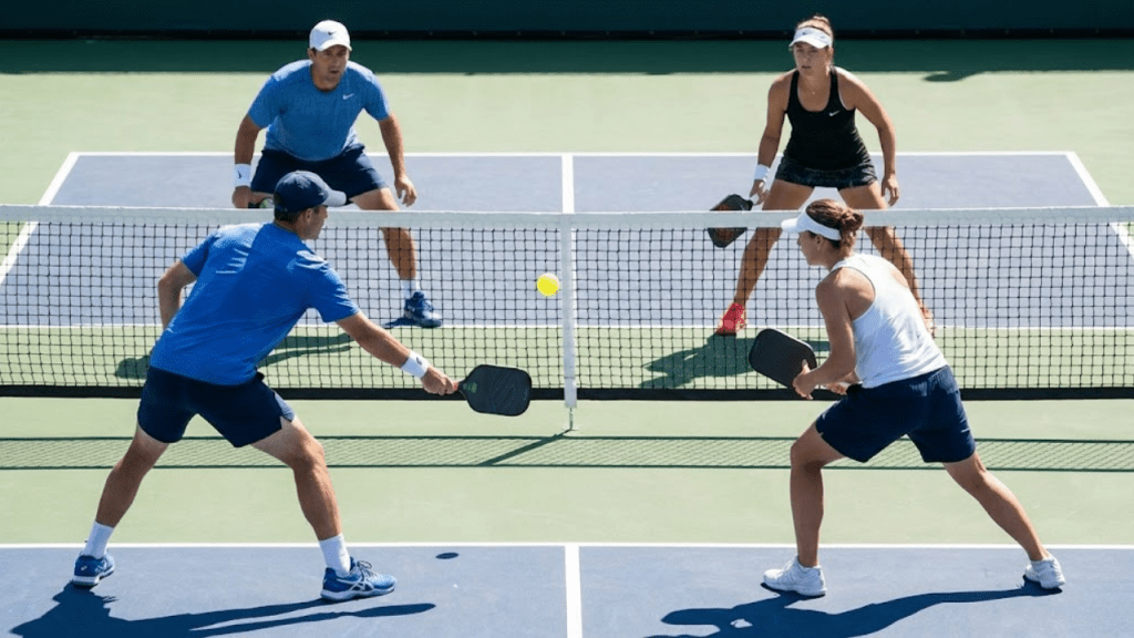 Doubles pickleball match with four players dinking at the kitchen line