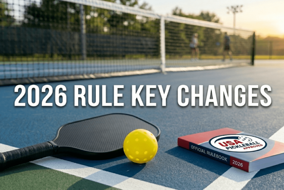 Illustration of 2026 USA Pickleball Rulebook with paddle and ball on court