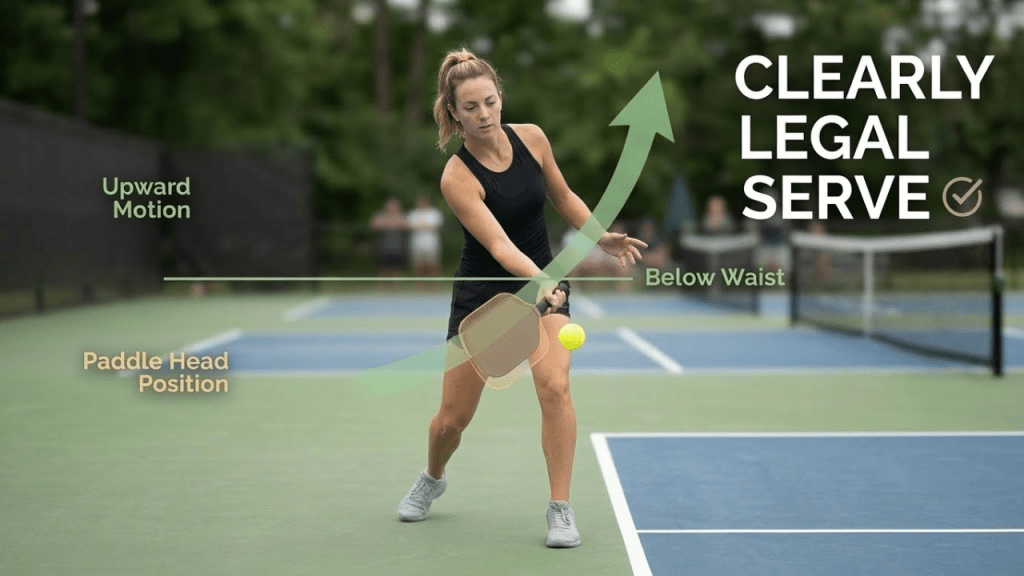 Diagram showing the mechanics of a legal pickleball serve