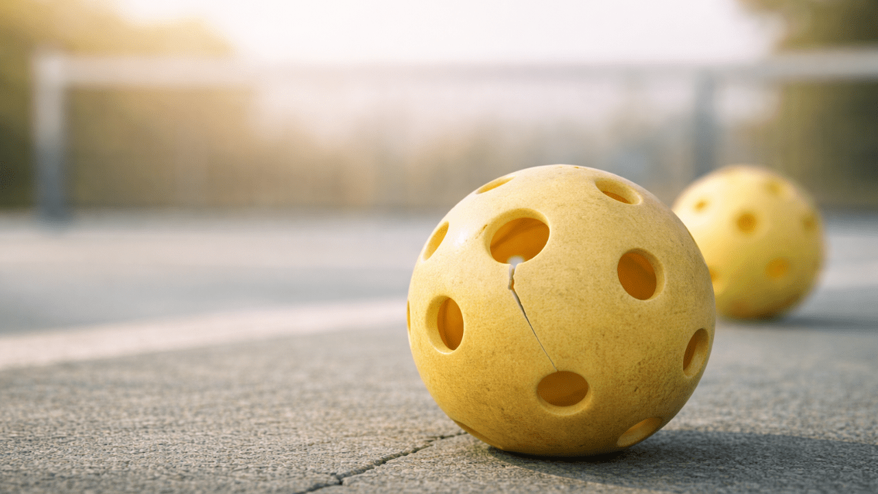 Cracked outdoor pickleball showing surface wear on the court