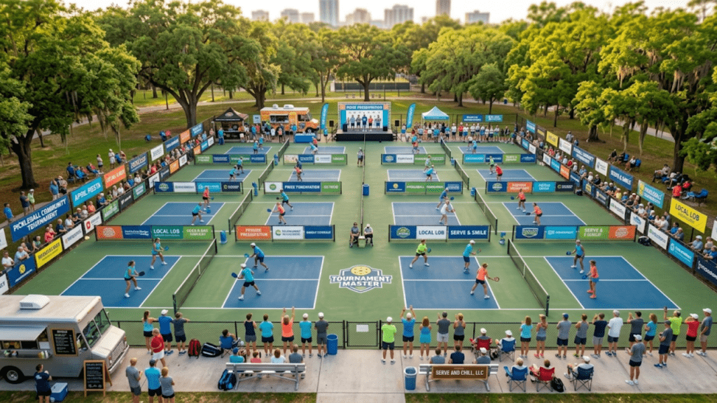 Pickleball tournament event with multiple courts and spectators