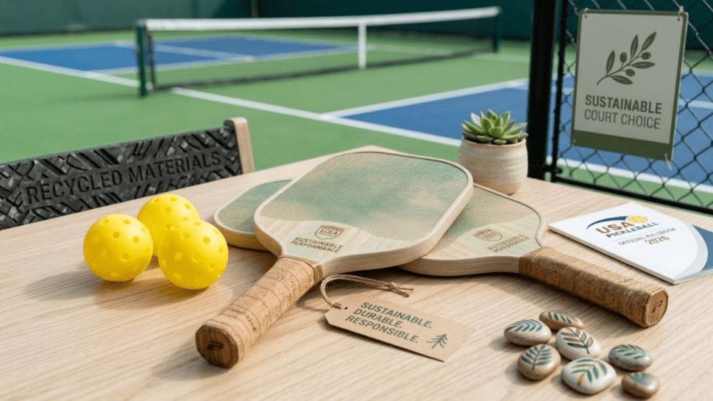 Eco-friendly pickleball paddles and balls on court setup