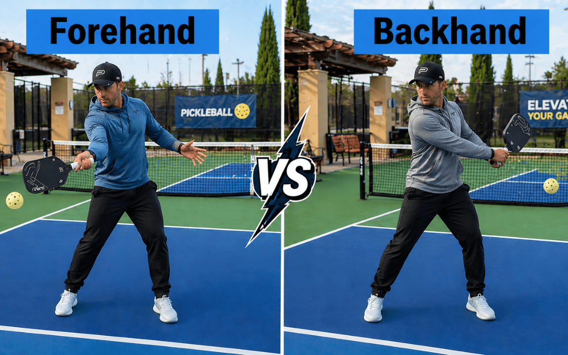 Pickleball players showing forehand and backhand positions during rally