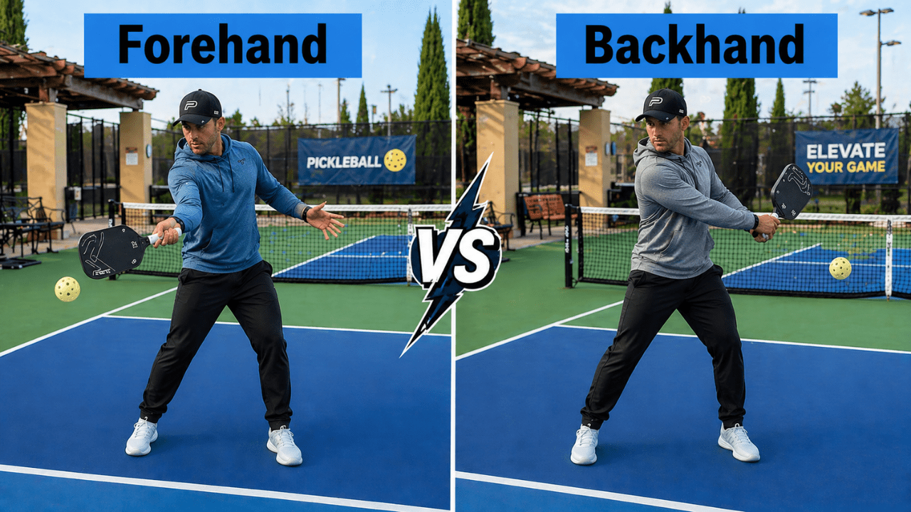 Pickleball players showing forehand and backhand positions during rally
