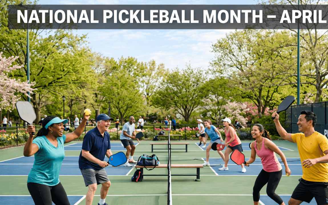 Players celebrating National Pickleball Month on outdoor courts