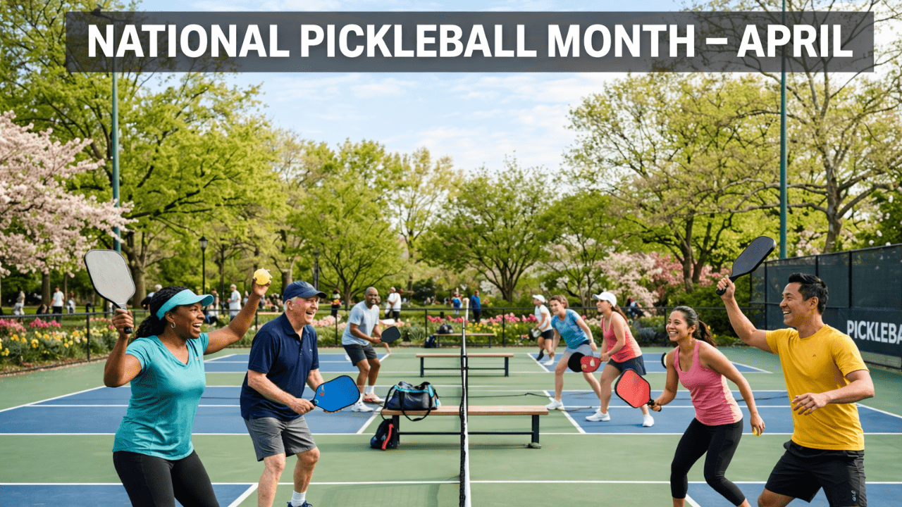 Players celebrating National Pickleball Month on outdoor courts