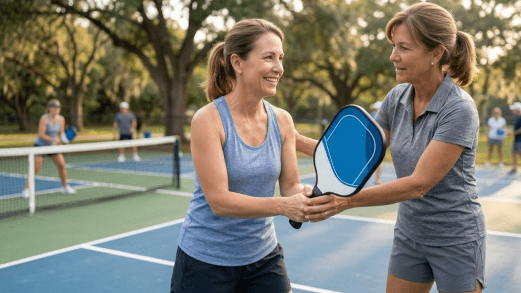 Beginner learning pickleball with coaching on an outdoor court
