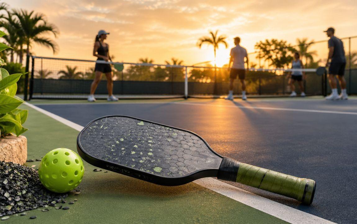 Sustainable pickleball paddle and ball on court at sunset