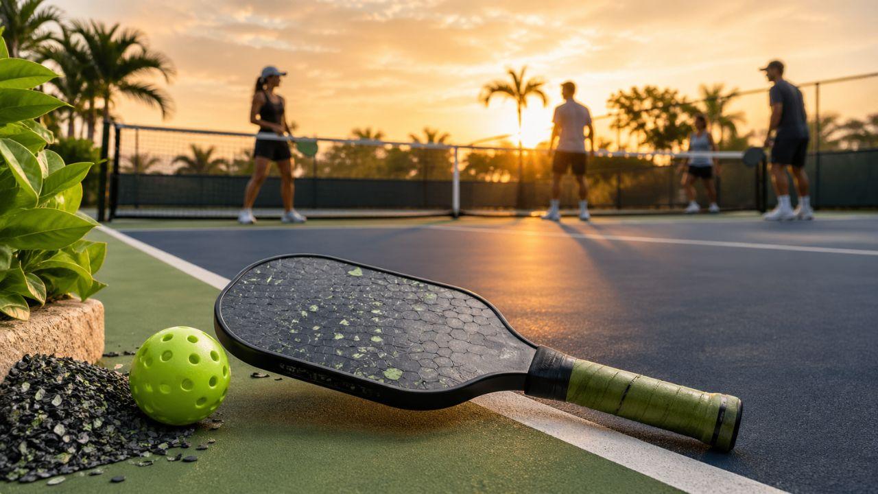 Sustainable pickleball paddle and ball on court at sunset