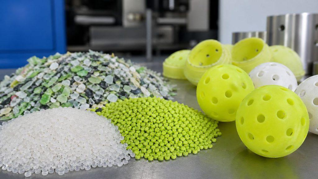 Recycled plastic pellets and pickleball manufacturing materials 