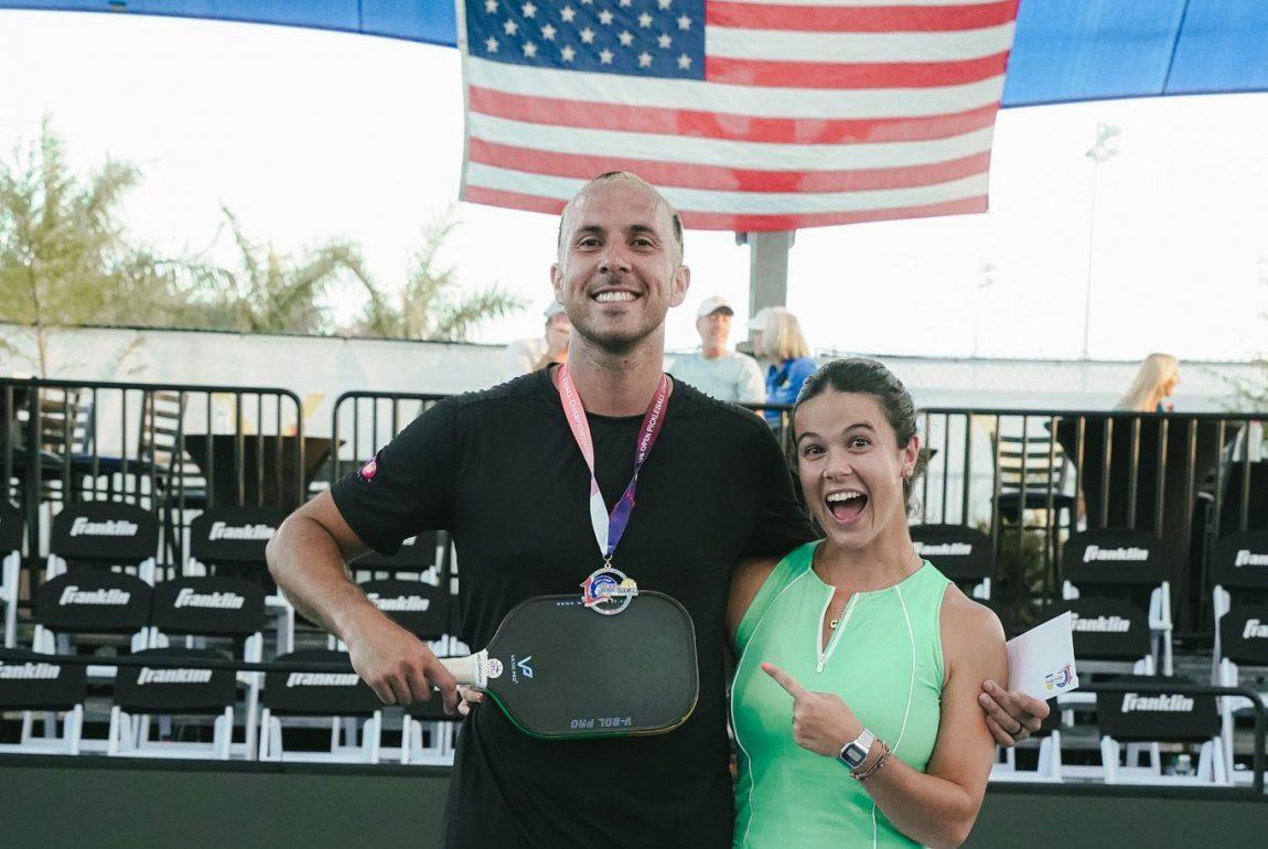 Pro pickleball players celebrating a medal finish at the US Open Championships