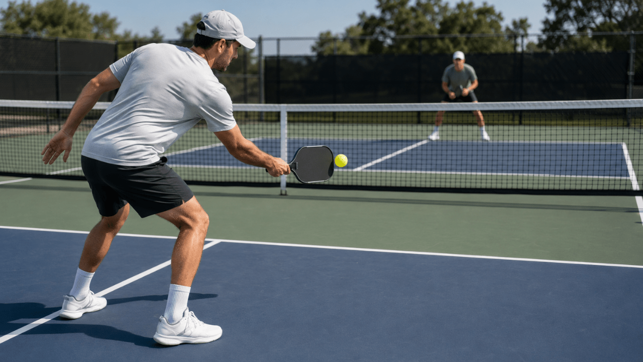 Pickleball player showing proper dink shot mechanics